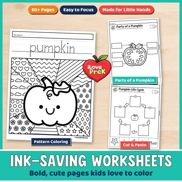 Black and white pumpkin life cycle worksheets with pattern coloring and cut and paste sequencing.