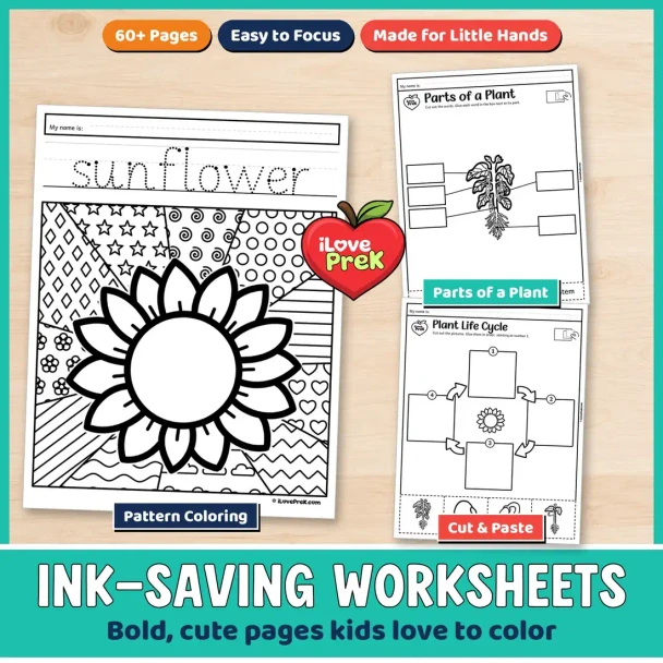 Black and white plant life cycle worksheets with pattern coloring and cut and paste sequencing.