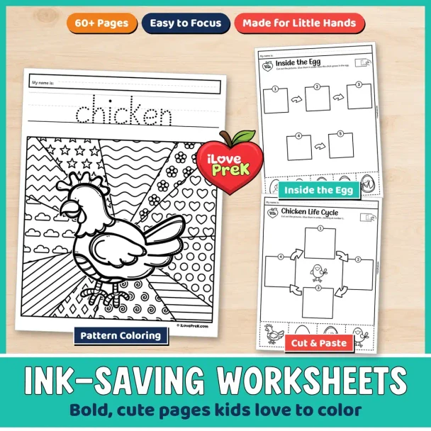 Black and white chicken life cycle worksheets with pattern coloring and cut and paste sequencing.