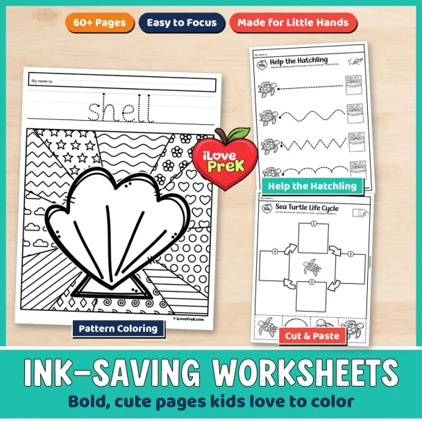 Black and white sea turtle life cycle worksheets with pattern coloring and cut and paste sequencing.