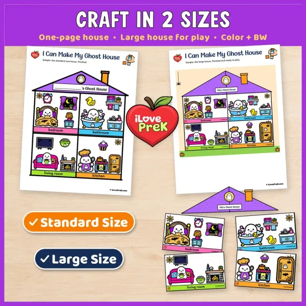 Ghost house craft in two sizes: a one page house and a large house for play, in color and black and white.