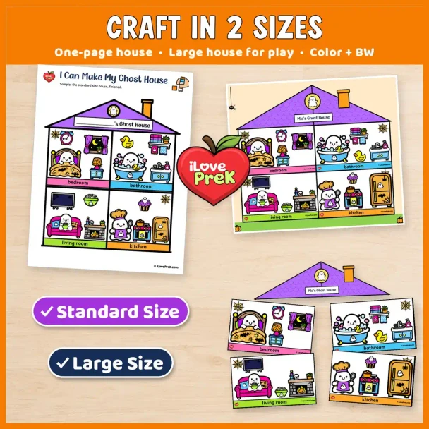 Preschool ghost house craft in two sizes, a one page house and a large house for play, in color and black and white.