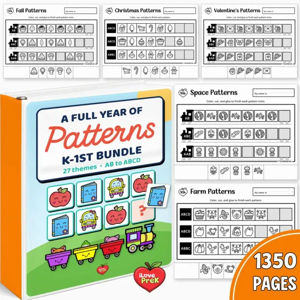 Kindergarten and 1st grade patterns bundle binder: a full year of cut and paste pattern pages in 27 themes, AB to ABCD.