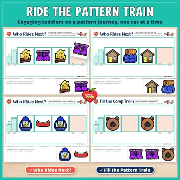 Ride the pattern train: Camping Who Rides Next? and Fill the Train pages for toddlers.