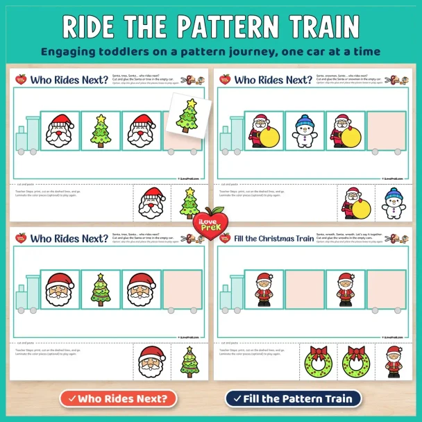 Ride the pattern train: Christmas Who Rides Next? and Fill the Train pages for toddlers.