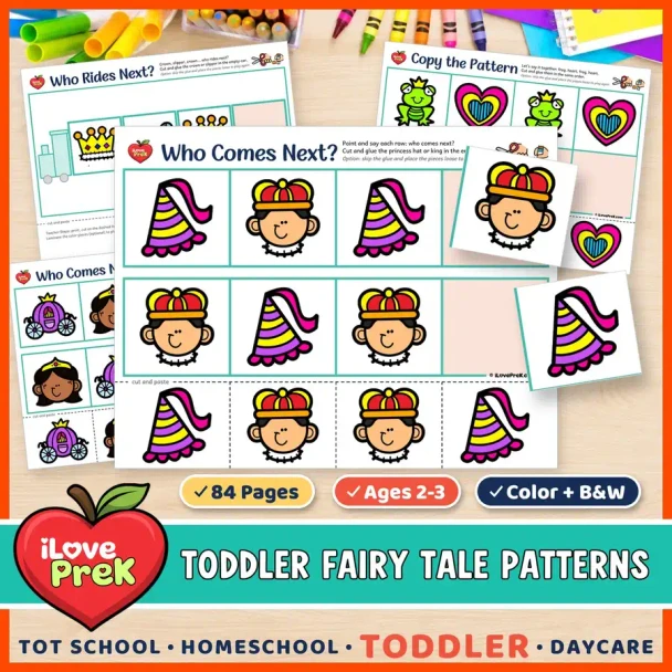 Fairy Tale AB patterns for toddlers: cut and paste Who Comes Next? pattern train pages for ages 2 to 3.