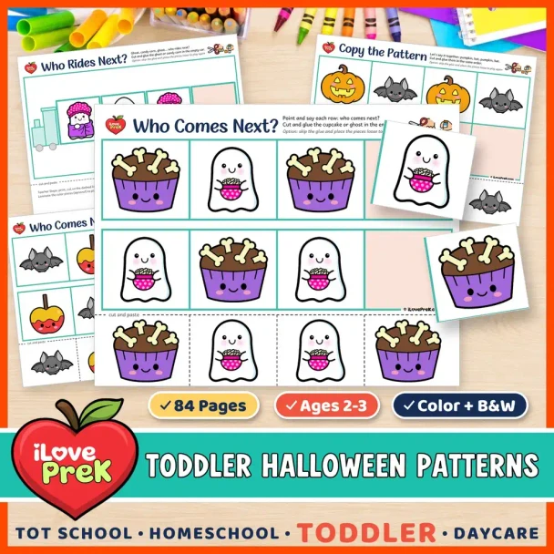 Halloween AB patterns for toddlers: cut and paste Who Comes Next? pattern train pages for ages 2 to 3.