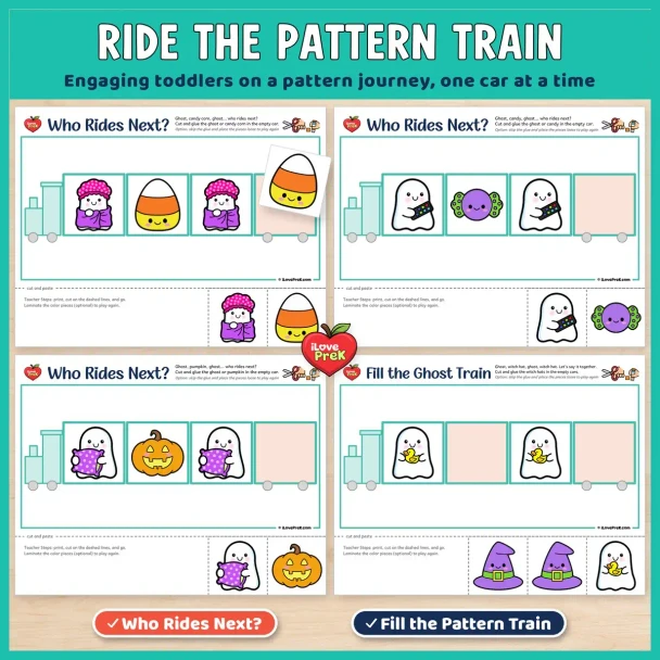 Ride the pattern train: Halloween Who Rides Next? and Fill the Train pages for toddlers.