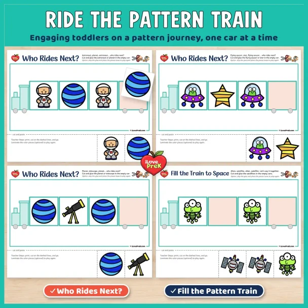 Ride the pattern train: Space Who Rides Next? and Fill the Train pages for toddlers.