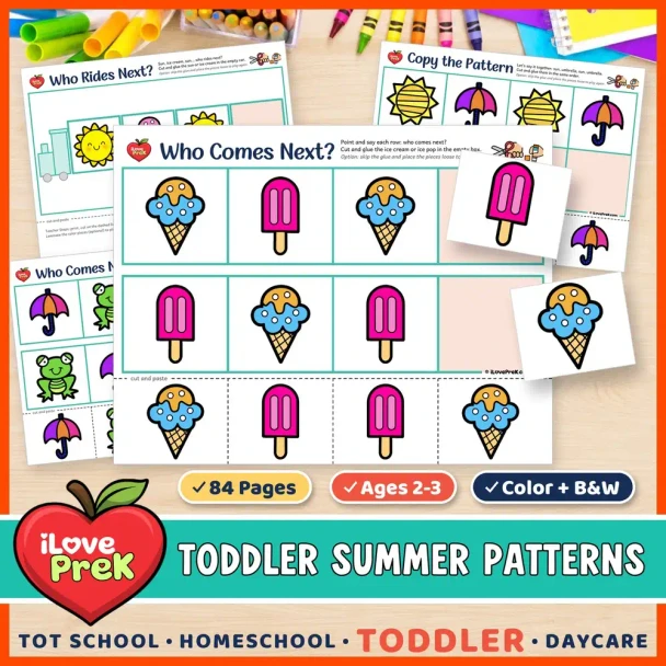 Summer AB patterns for toddlers: cut and paste Who Comes Next? pattern train pages for ages 2 to 3.