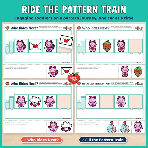 Ride the pattern train: Valentine's Day Who Rides Next? and Fill the Train pages for toddlers.