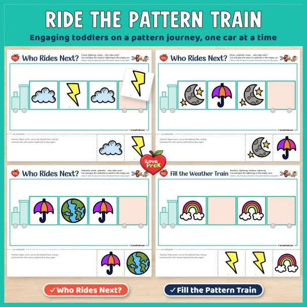 Ride the pattern train: Weather Who Rides Next? and Fill the Train pages for toddlers.