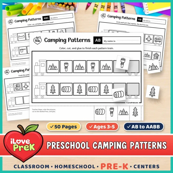 Camping patterns for preschool and Pre-K: cut and paste pattern train pages from AB to AABB.