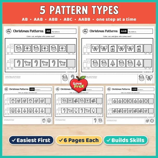 Five pattern types in the Christmas preschool pack: AB, AAB, ABB, ABC and AABB, one step at a time.