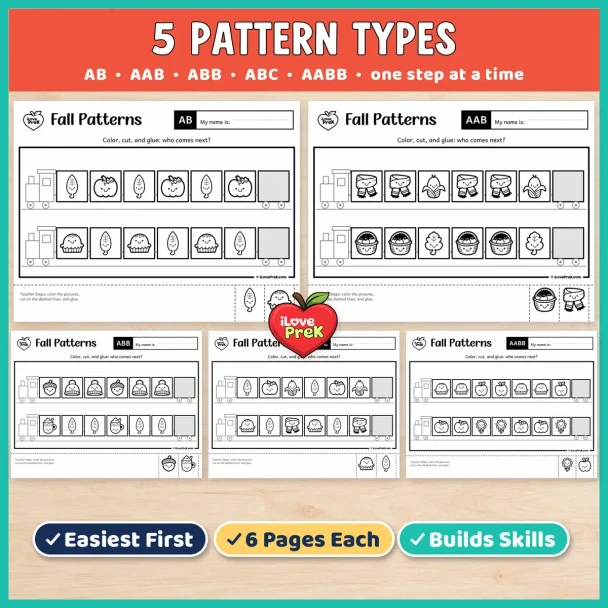 Five pattern types in the Fall preschool pack: AB, AAB, ABB, ABC and AABB, one step at a time.