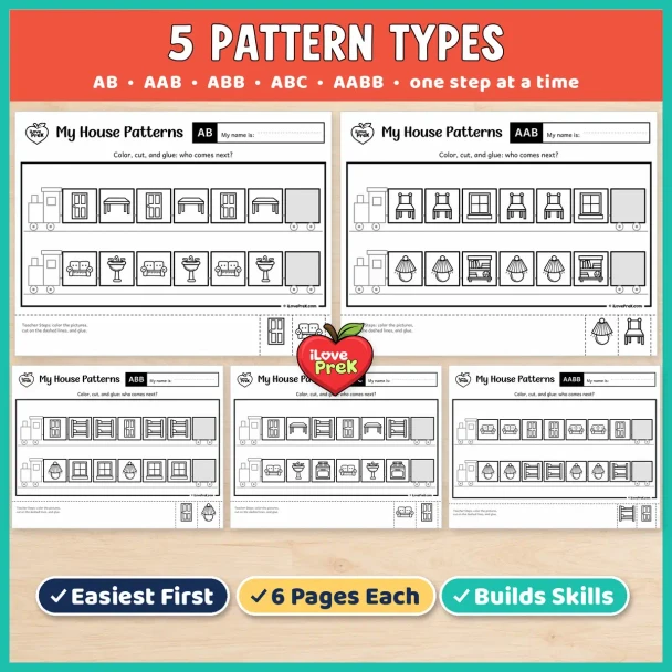 Five pattern types in the My House preschool pack: AB, AAB, ABB, ABC and AABB, one step at a time.