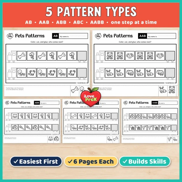 Five pattern types in the Pets preschool pack: AB, AAB, ABB, ABC and AABB, one step at a time.
