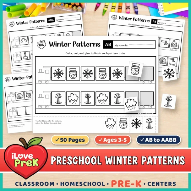 Winter patterns for preschool and Pre-K: cut and paste pattern train pages from AB to AABB.