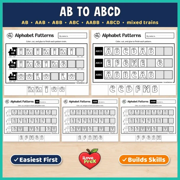 AB to ABCD alphabet pattern pages with mixed trains for kindergarten and 1st grade.