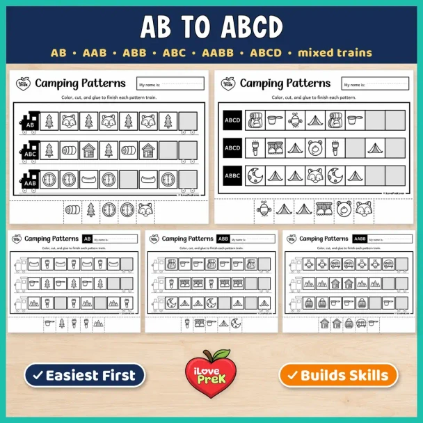 AB to ABCD camping pattern pages with mixed trains for kindergarten and 1st grade.