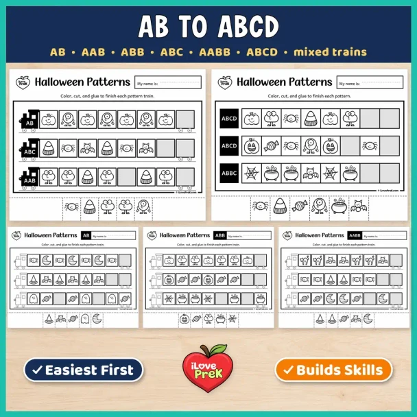 AB to ABCD halloween pattern pages with mixed trains for kindergarten and 1st grade.
