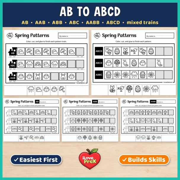 AB to ABCD spring pattern pages with mixed trains for kindergarten and 1st grade.