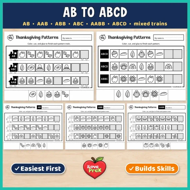 AB to ABCD thanksgiving pattern pages with mixed trains for kindergarten and 1st grade.