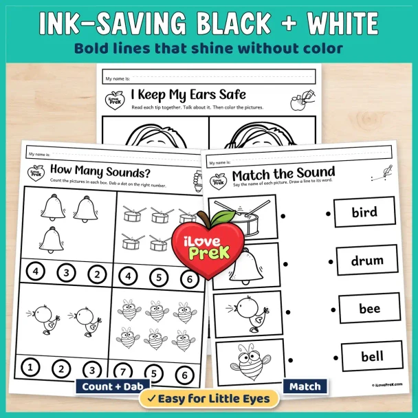 Ink-saving black and white 5 senses worksheets for the sense of hearing, with count, dab and match pages.