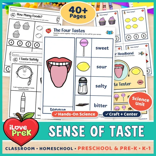 Sense of taste unit for preschool, pre-K and kindergarten with a mouth anchor poster, worksheets and a Taste Tester headband.