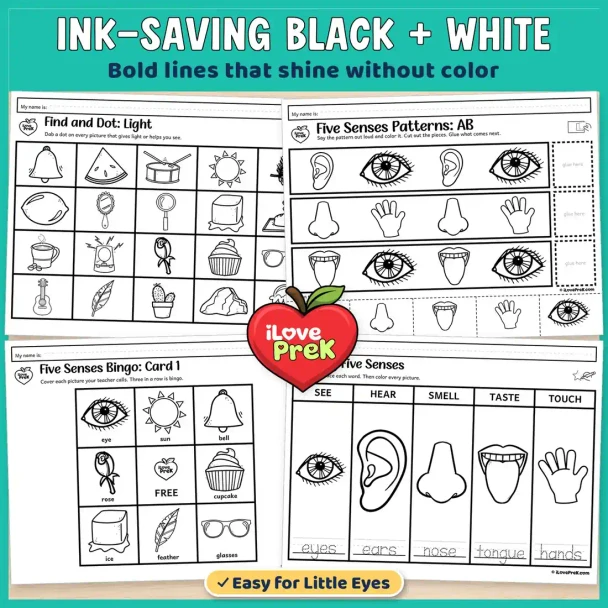 Black and white five senses worksheets: find and dot, patterns, bingo card and the anchor chart to color.