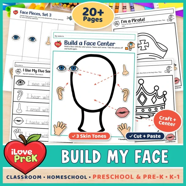 Build My Face five senses craft: a cut and paste face with eyes, ears, nose, mouth and hands.
