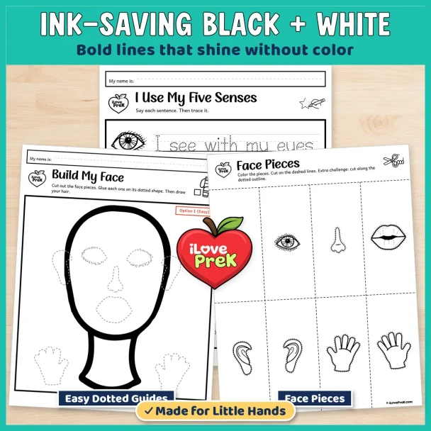 Black and white Build My Face mat with easy dotted guides, face pieces and an I Use My Five Senses tracing page.