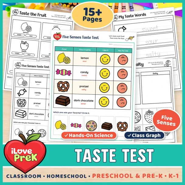 Five senses taste test worksheets with a tasting chart, taste the fruit page and a class graph.