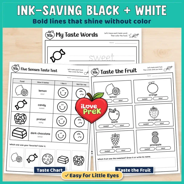 Black and white taste test chart, taste the fruit and my taste words pages.