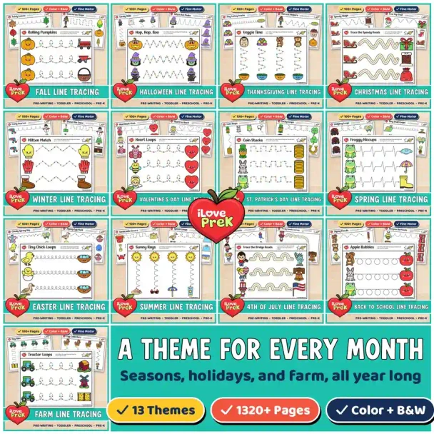 All 13 Line Tracing themes, from fall and Halloween to summer and the farm.