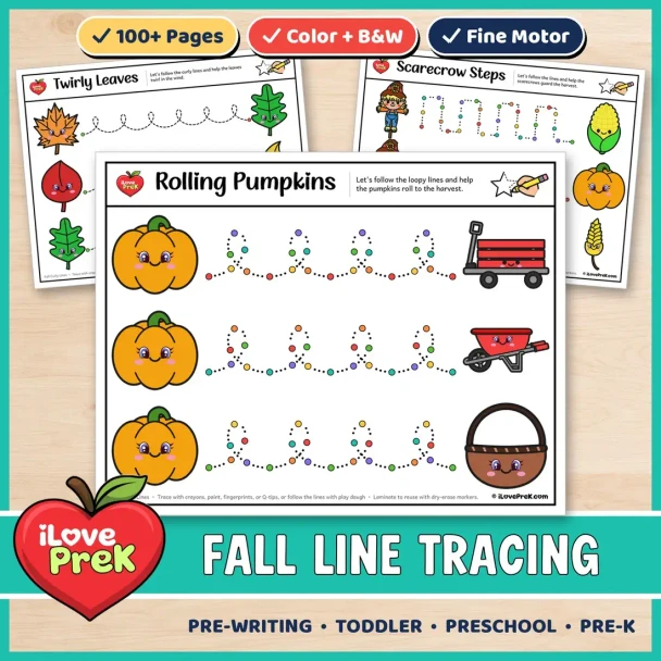 Fall line tracing worksheets for toddler and preschool, with color and black and white pre-writing pages.