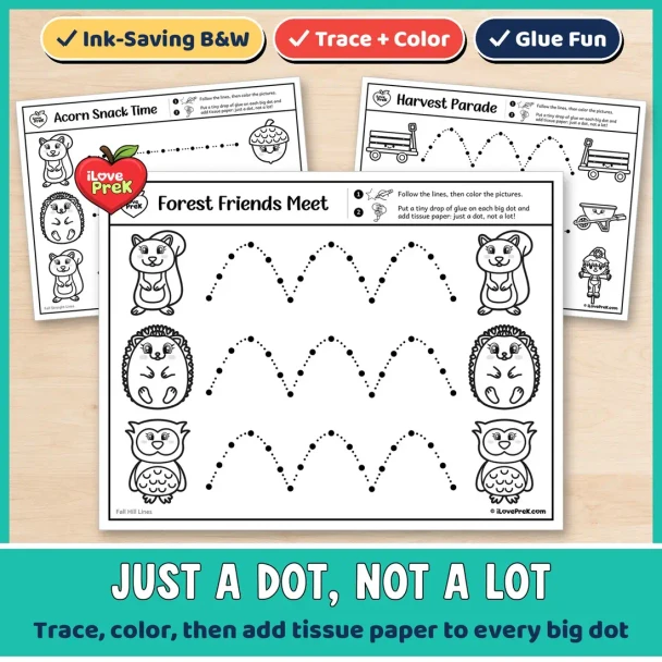 Black and white Fall tracing pages that turn into a Just a Dot glue and tissue paper craft.