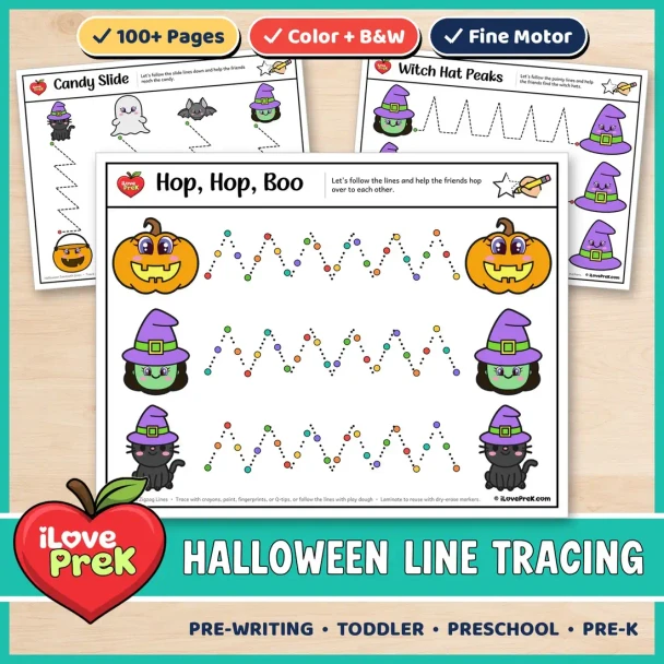 Halloween line tracing worksheets for toddler and preschool, with color and black and white pre-writing pages.