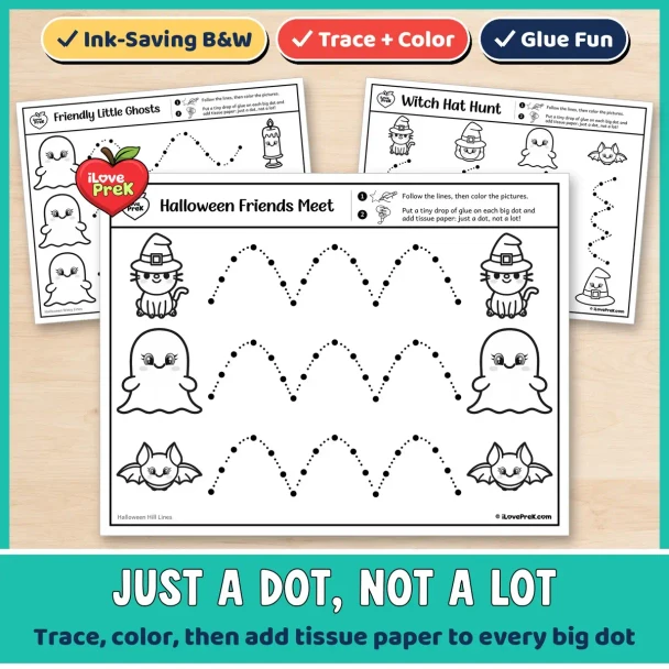 Black and white Halloween tracing pages that turn into a Just a Dot glue and tissue paper craft.