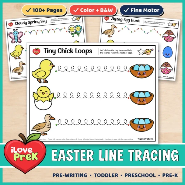 Easter line tracing worksheets for toddler and preschool, with color and black and white pre-writing pages.