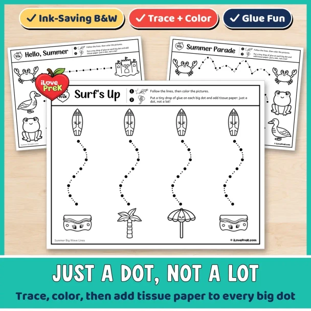 Black and white Summer tracing pages that turn into a Just a Dot glue and tissue paper craft.