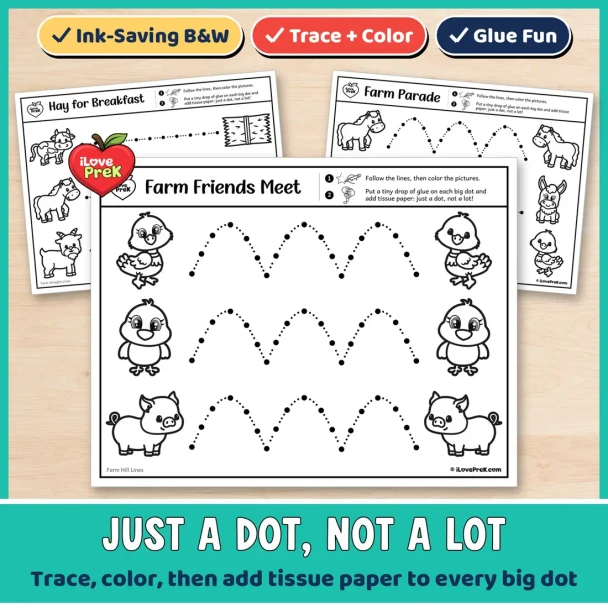 Black and white Farm tracing pages that turn into a Just a Dot glue and tissue paper craft.