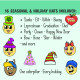 Sixteen seasonal and holiday hats for the number caterpillar including Santa witch bunny and graduation cap