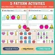 Five back to school pattern activities for toddlers: Who Rides Next?, Fill the Train, Copy the Pattern, Who Comes Next? and Finish the Pattern.