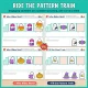 Ride the pattern train: Halloween Who Rides Next? and Fill the Train pages for toddlers.