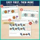 Easy first, then more: sports pattern pages move from one empty car to two empty cars to a whole row.