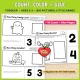 Count, color and glue pages for toddlers: How Many Candy Corn?, Ghosts? and Candies? with big number cards.