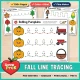 Fall line tracing worksheets for toddler and preschool, with color and black and white pre-writing pages.