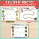 Three levels of Christmas line tracing: Just a Dot lines, bordered roads, and tracing challenges.