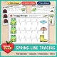 Spring line tracing worksheets for toddler and preschool, with color and black and white pre-writing pages.